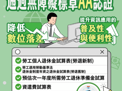 勞動部六大試算網頁通過無障礙標章AA認證-試算無障礙，勞工權益零距離。 展示圖