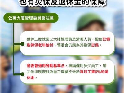 退休後二度就業之大樓管理員及清潔人員也有災保及退休金的保障