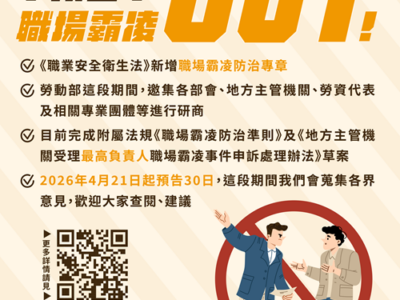 預告「職場霸凌防治準則」及「地方主管機關受理最高負責人職場霸凌事件申訴處理辦法」條文草案