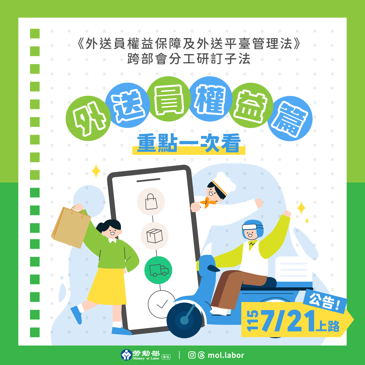 勞動部發布外送專法三項子法，完善外送員權益保障及平臺管理機制 展示圖